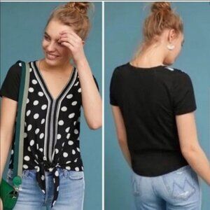 ANTHROPOLOGIE Akemi + Kin Sherburne Tie Top Womens S Black Polka Dot Tee $68 EUC